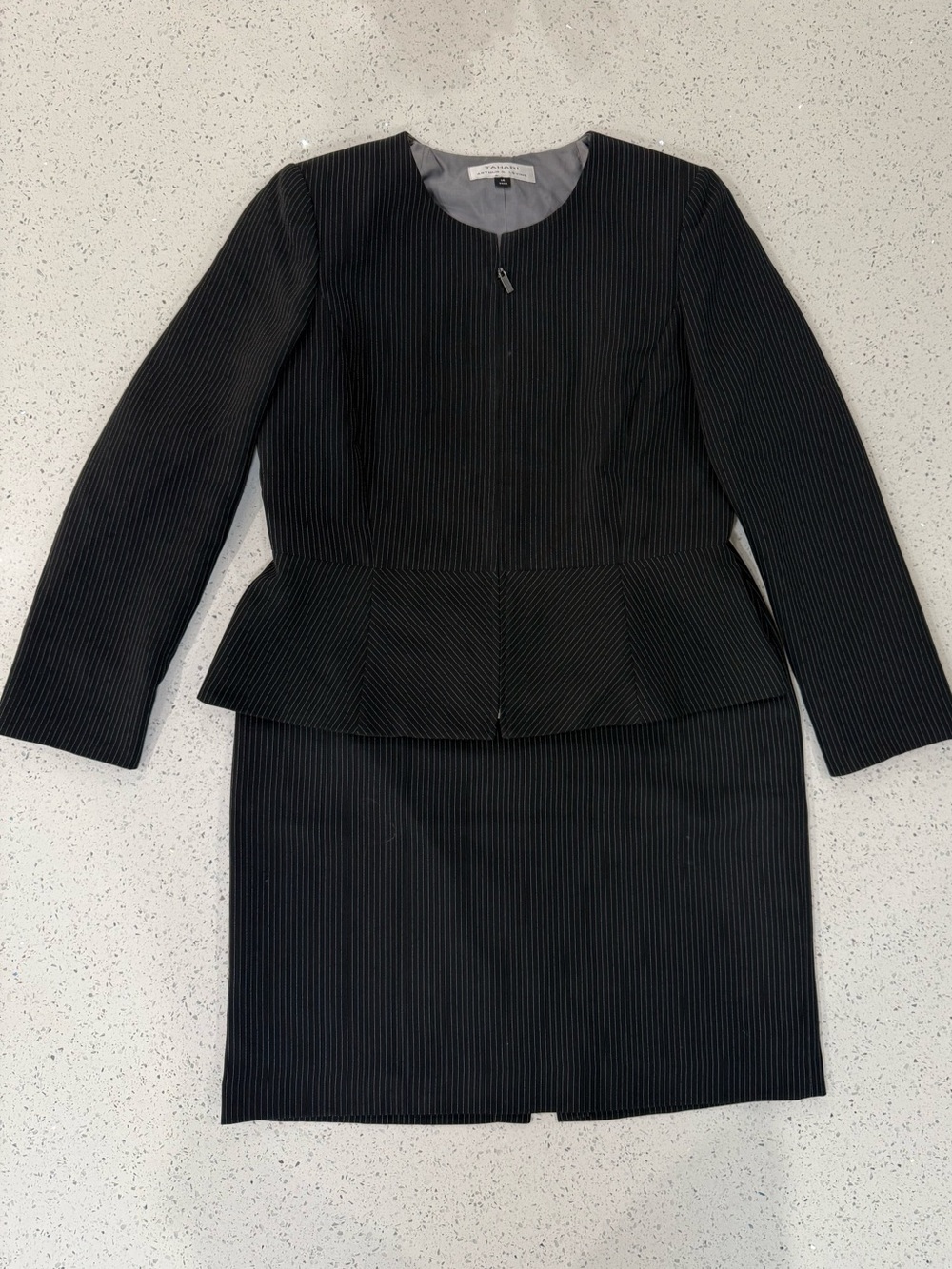 Tahari Black Pinstripe Peplum Skirt Suit size 14
